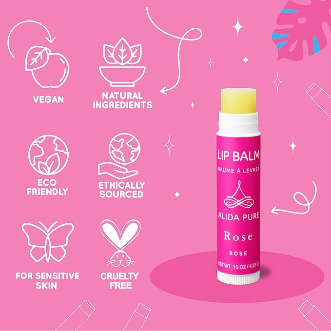 ALIDA PURE Floral Lip Balm Collection, Vegan Set, Beeswax Free, with Organic Jojoba and Avocado Oil, Vitamin E, Natural Moisturizer for Dry, Chapped or Cracked Lips, 3 Tube Set