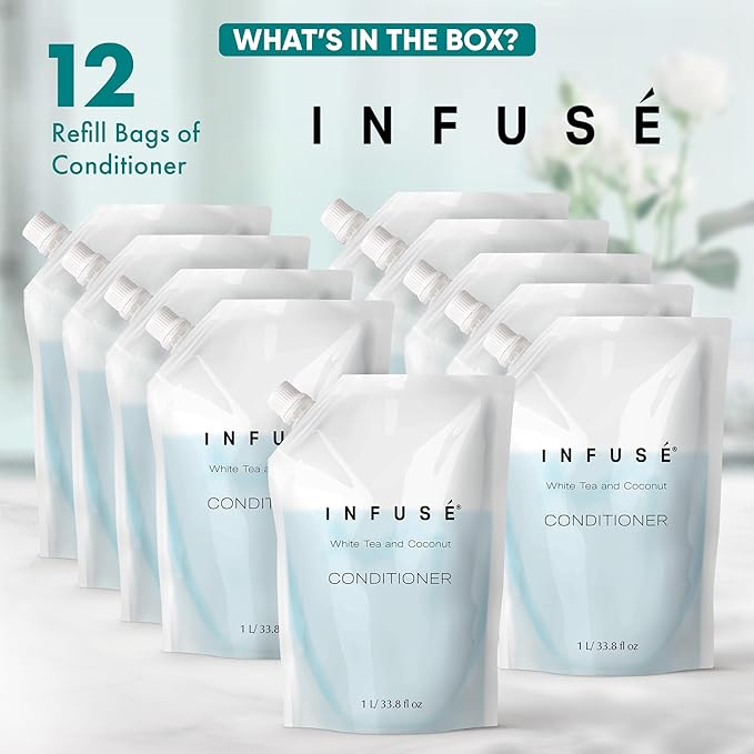 INFUSÉ 1 Liter Conditioner Refill Bag For Soap Dispensers | Bulk Toiletries for Vacation Rentals, and Home Bathroom Showers | White Tea and Coconut | Set of 12