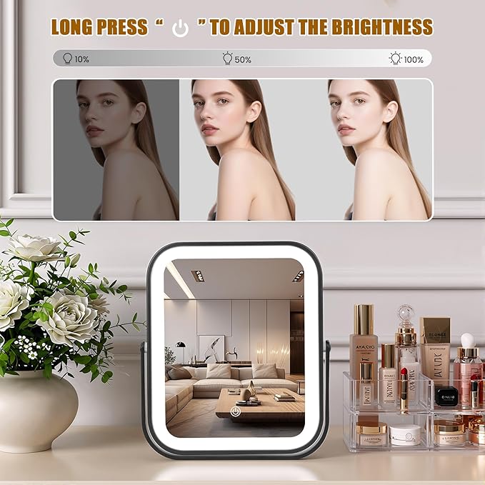 Vanity Mirror with Lights, 10"×8" Makeup Mirror with lights Built-in 1500mAH Battery, HD Mirror, Smart Touch with 3-Color Lighting, Dimmable, Desk Mirror, Women Gift, Travel Essentials (Black)