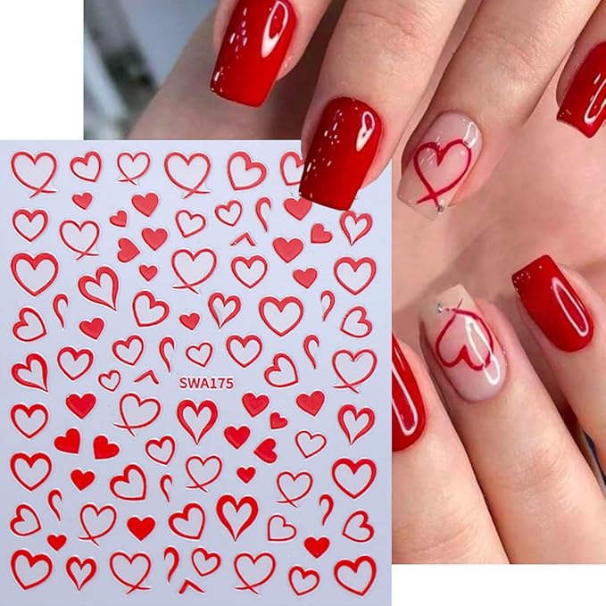 Heart Nail Stickers for Nail Art 3D Self-Adhesive Gold Silver Red Hearts Nail Decals Valentine Heart Nails Art Sticker Holiday DIY Manicure Decoration Accessories for Women 6 Sheets