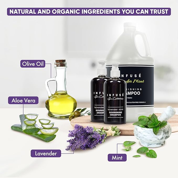 Infuse Lavender Mint Gallon & Dispenser Set | 1-Shoppe Amenities Kit | Shampoo, Conditioner, Body Wash | Refillable 10.14 oz Pump Bottles