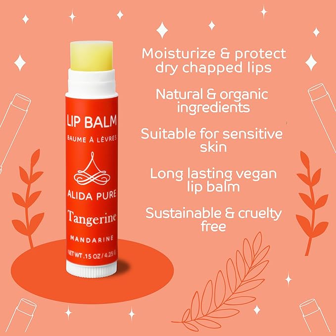 ALIDA PURE Tangerine Lip Balm, Vegan Set, Beeswax Free, with Organic Jojoba and Avocado Oil, Candelilla Wax, and Vitamin E, Natural Moisturizer For Dry, Chapped, or Cracked Lips, 3 Tube Set