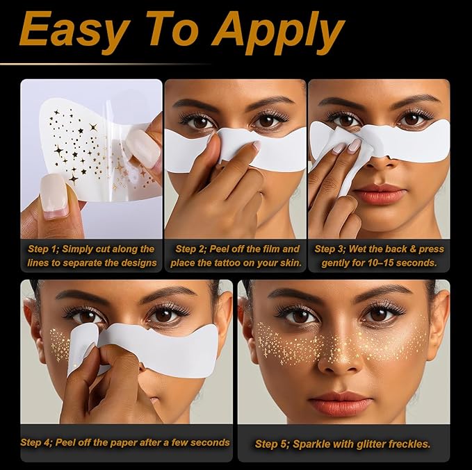 20PCS Glitter Freckles Face Tattoo, 4 Sheets/5 Styles Face Glitter Freckles for Festival & Rave, Waterproof Temporary Face Glitter Freckle Tattoo for Halloween Christmas Concerts Sparkle Makeup (Gold)