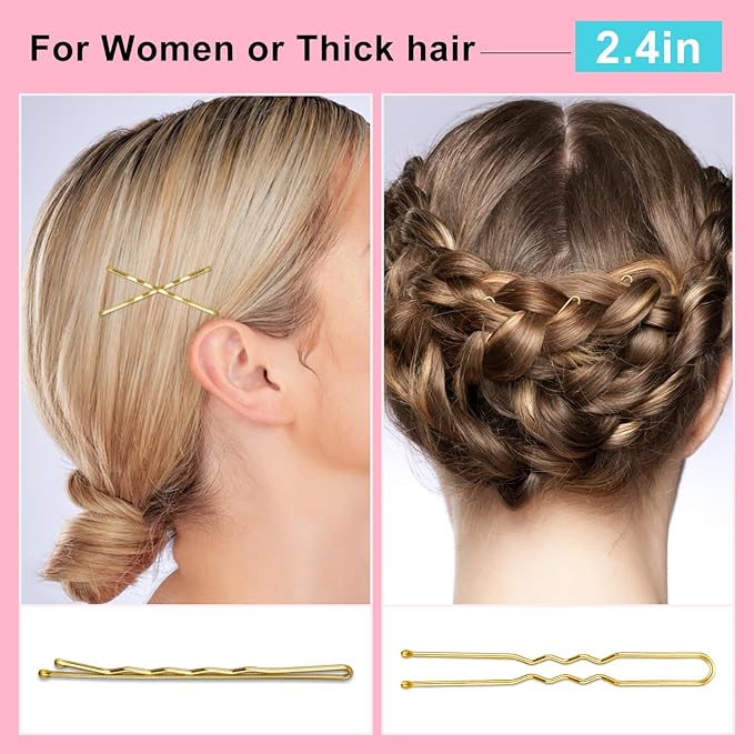 TsMADDTs Hair Pins, Blonde Bobby U Shaped Hair Pins for Women, Buns Nets with Box, 2.4in & 2in