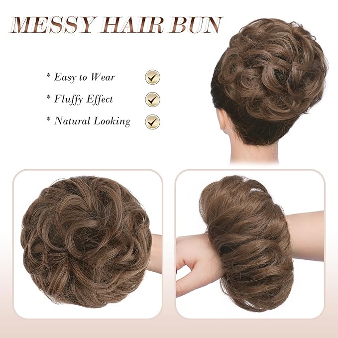 FESHFEN Messy Bun Hair Piece - Wavy Synthetic Chignon Scrunchies for Instant Volume, Elastic Bun Ponytail Hair Extensions Thick Hairpieces for Women, Golden Brown 1.50 oz