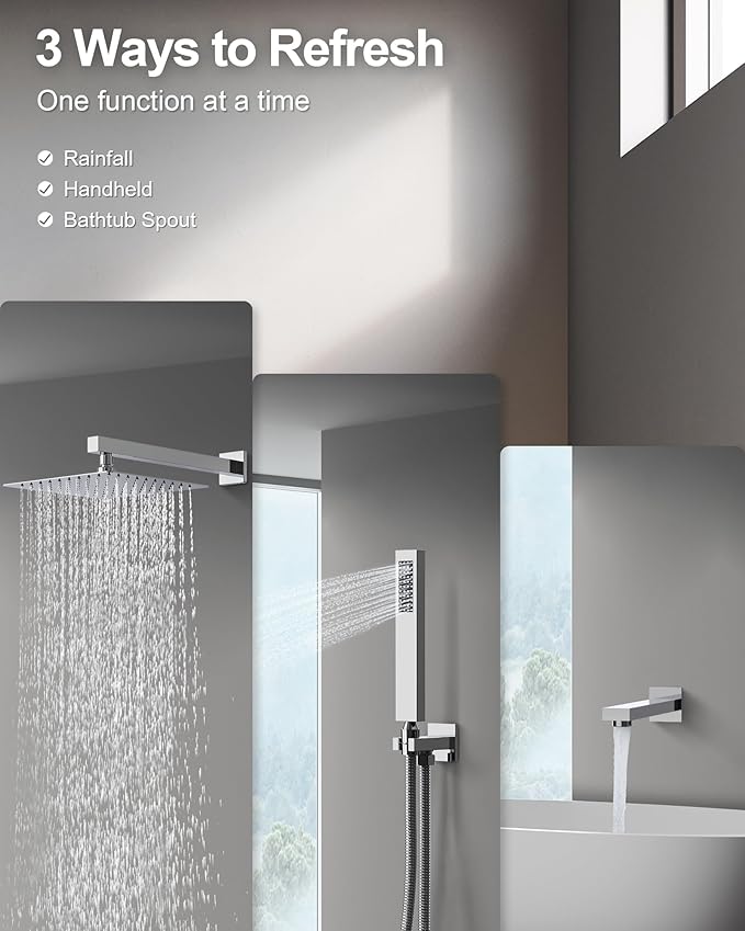 GRANDJOY 10" Shower Faucet Set with Tub Spount, High Pressure Rainfall Shower Head and Handheld Sprayer Combo, Bathroom Tub Shower Faucet Set, Polished Chrome