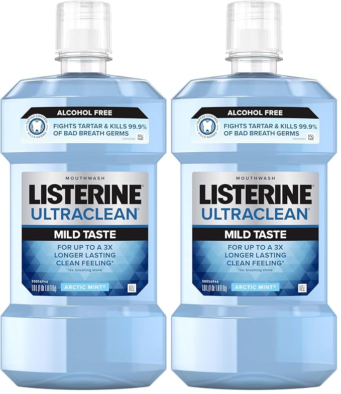 Listerine Ultraclean Mouthwash, Alcohol Free, Tartar Control | Arctic Mint | Less Intense | 1 L | Pack of 2