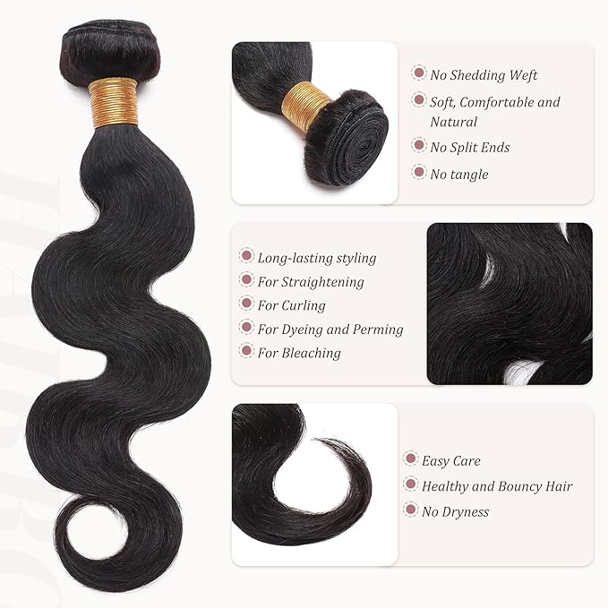 Hairro Sew in Hair Extensions Real Human Hair, 100g/bundle Weave Weft for Women Adding Volume and Length, for DIY Beauty Dating Party, 20 Inch 3 Bundles Body Wave #1B Natural Black