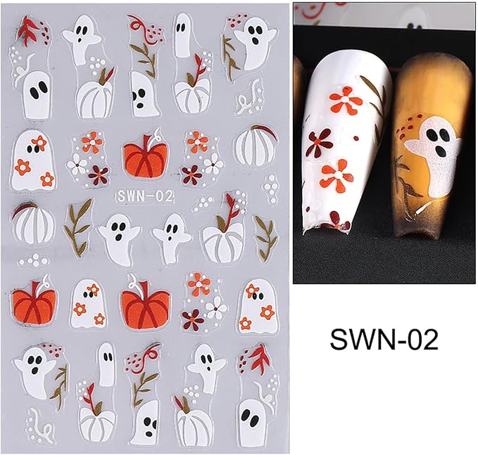 8 Sheets Halloween Nail Art Stickers Decals 3D Self-Adhesive Horror Ghost Spider Web Spider Pumpkin Hand Bone Skull Black Cat Nail Stickers Cute Halloween Nail Decals for Women