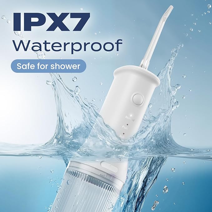 7AM2M Portable Cordless Water Flosser, Oral Irrigator with 3 Modes & 2 Tips, Fast Rechargeable, IPX7 Waterproof, Dental Water Flosser for Travel and Home Use (White)