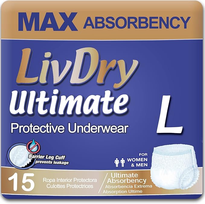 LivDry Large Ultimate Adult Incontinence Underwear, Max Absorbent Adult Diapers with Leak Protection, L, 15-Pack