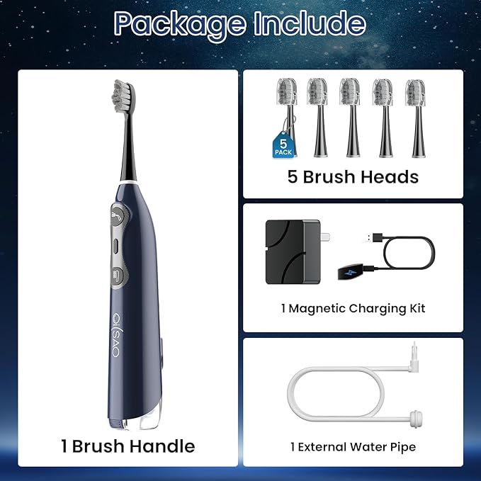 OILSAO 3-in-1 Flossing Toothbrush-Flosses, Vibrates and Oscillates, Electric Toothbrush with Water Flosser Equipe 5 Brush Heads, Plaque Removal for Sensitivity, Braces-Blue