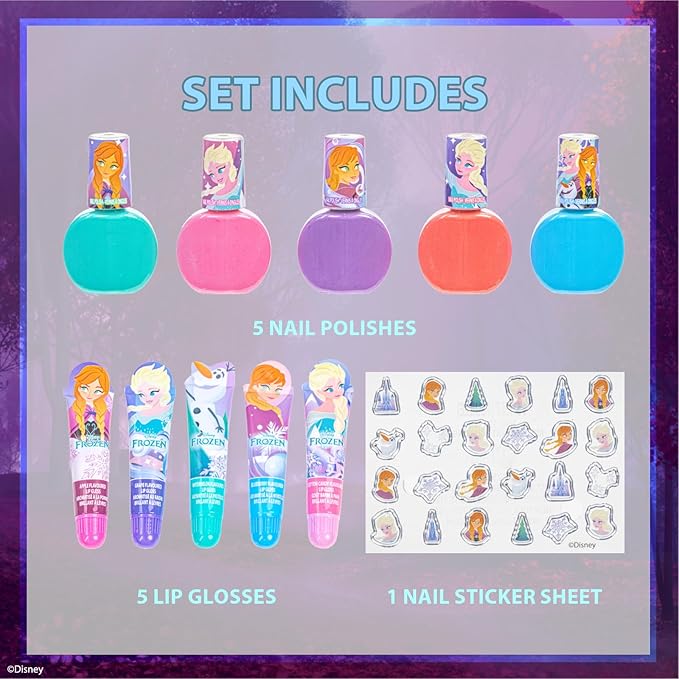 Disney Frozen 2 Super Sparkly Cosmetic Makeup Set for Girls with Lip Gloss Nail Polish Nail Stickers 11 Pcs Perfect for Birthday Gift Age 3+ by Townley Girl