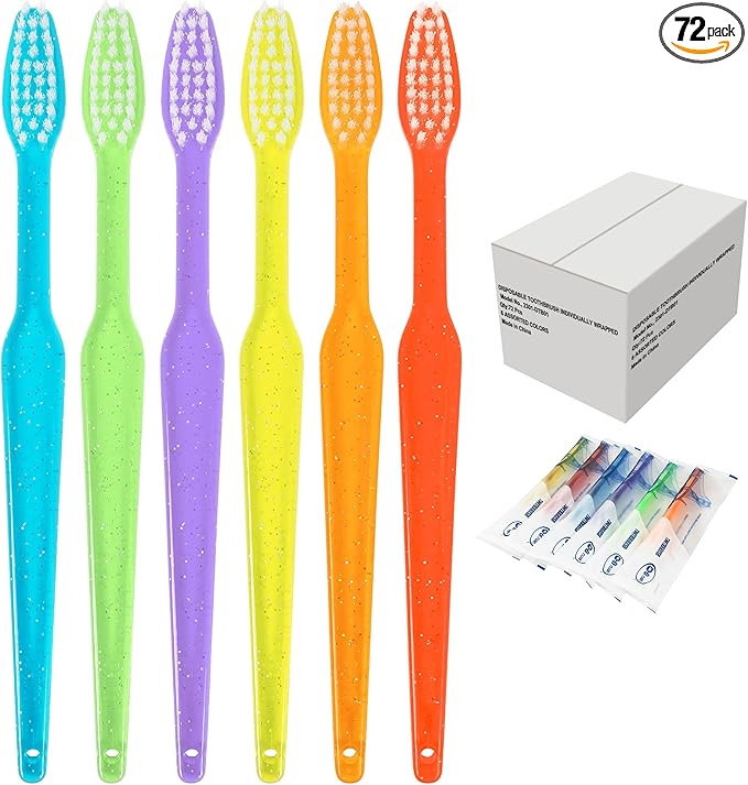 B Rush Disposable Toothbrush - Individually Wrapped Soft Nylon Bristles Manual Travel Toothbrushes for Adults Or Kids Bulk Multi Color (72 Pcs)