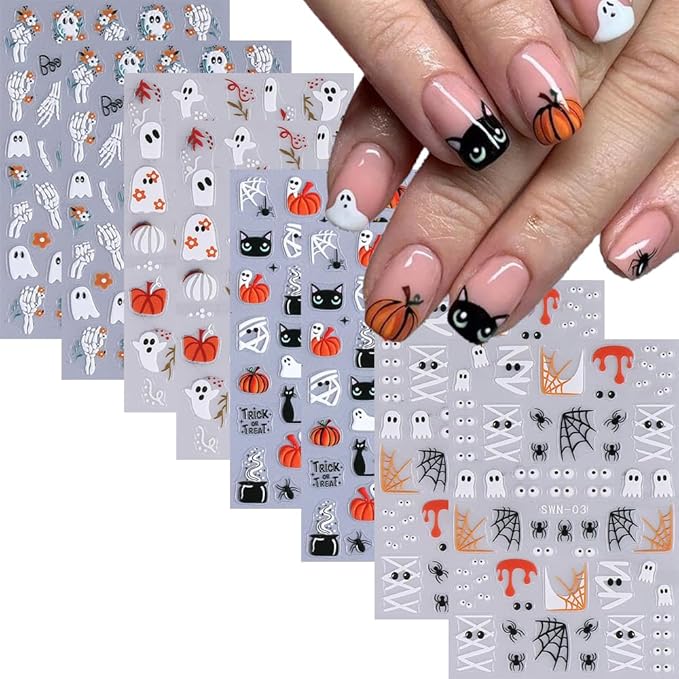 8 Sheets Halloween Nail Art Stickers Decals 3D Self-Adhesive Horror Ghost Spider Web Spider Pumpkin Hand Bone Skull Black Cat Nail Stickers Cute Halloween Nail Decals for Women