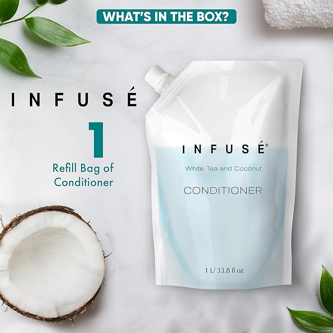 INFUSÉ 1 Liter Conditioner Refill Bag For Soap Dispensers | Bulk Toiletries for Vacation Rentals, and Home Bathroom Showers | White Tea and Coconut | Single