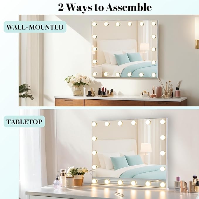 LUXFURNI Vanity Mirror with Lights, 23.6" x 20.5" Hollywood Mirror, Light Up Makeup Mirror with 18 LED Bulbs for Bedroom Desk, 3 Color Lighting Modes, Tabletop & Wall Mount, USB Charging Port