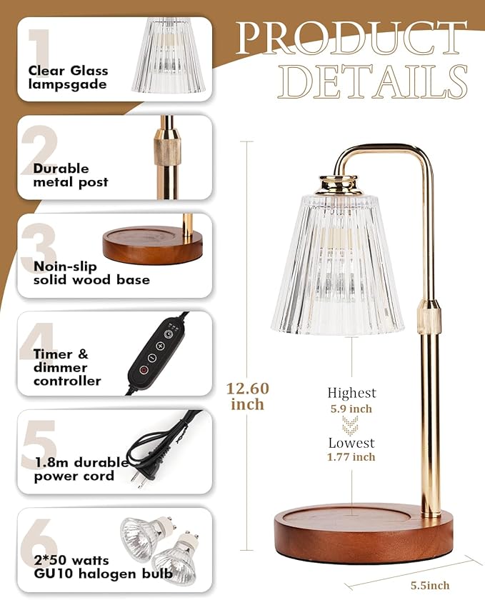 Candle Warmer Lamp with Timer Dimmable, Birthday Valentines Day Gifts for Women Mom, Adjustable Candle Warmer with 2 Bulbs, Crystal Candle Lamp Warmer for Jar Scented Candles, House warming Home Decor