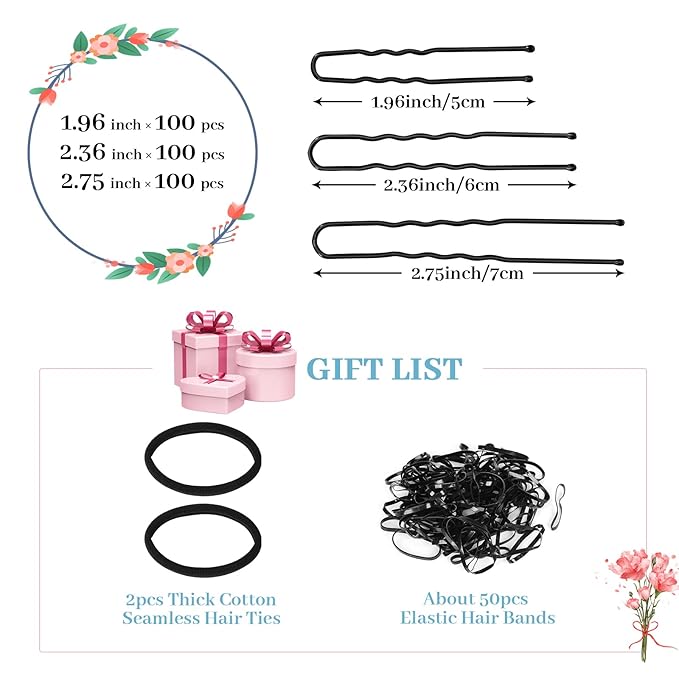 300Pcs U-Shaped Hair Pins Set for Women, Kids & Girls: 2.8IN, 2.4IN, 2IN Bobby Bun Pins with Storage Box, 2 Thick Seamless Hair Ties & 50 Elastic Hair Bands for All Hair Types, Black