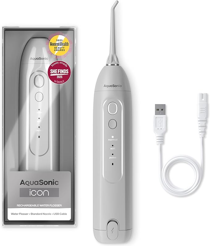 AquaSonic Icon Water Flosser for Teeth – Cordless Rechargeable Oral Irrigator – Waterproof, Portable Dental Cleaning with Jet Tip – Braces Home Travel - Stone