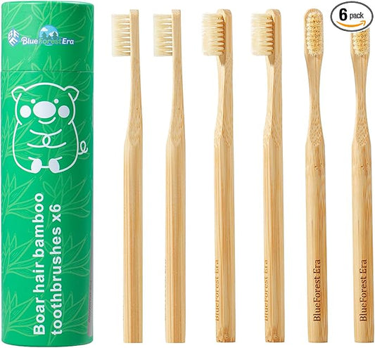 Boar Bristles & Bamboo Toothbrush, Premium Boar Bristle Toothbrush for Adult, Plastic & Nylon Free, Eco-Friendly Natural Biodegradable Compostable Bamboo Tooth Brushes 6 Pack