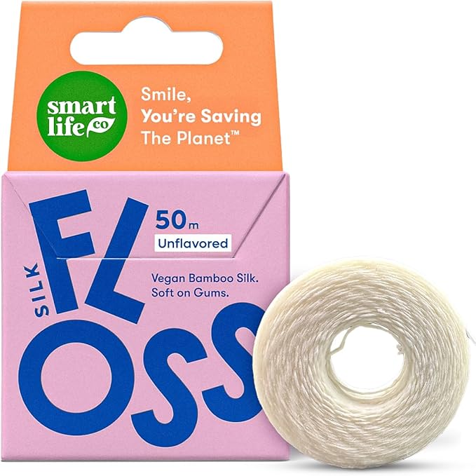Vegan Bamboo Silk Floss - Pure Plastic Free Woven Dental Floss Thread | Zero Waste Eco-Friendly Oral Care | Natural PFA Free String for Adults & Kids Tight Teeth | Soft Easy Glide - Unflavored 55yds