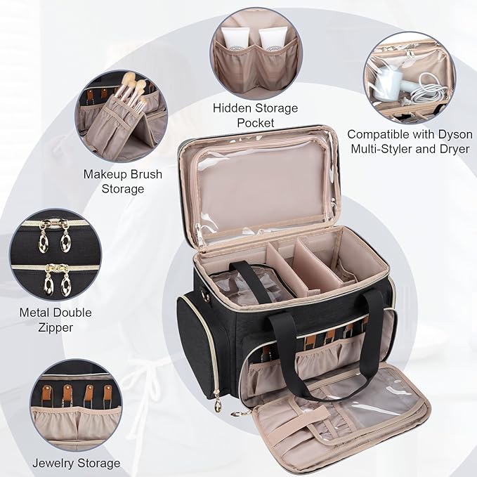 GDNasist Large Makeup Bag, Portable Travel Makeup Bag Organizer for Women Girls with 2 Removable Pouches & Detachable Dividers, Cosmetic Travel Bag, Toiletry Bag for Makeup and Hair Supplies Black