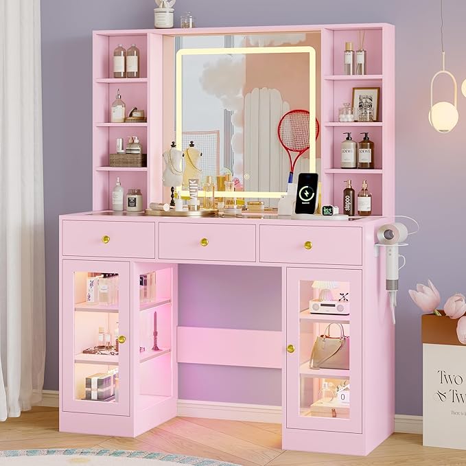 Makeup Vanity Desk with Mirror and Lights, 43" Pink Vanity with Glass Top, Jewelry Storage, 3 Drawers & Glass Cabinets, Power Outlet & Adjustable LED Lights, Dressing Table for Women & Girls Bedroom