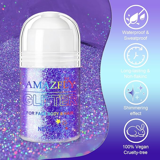 1PC Roll-on Holographic Body Glitter Gel for Body, Hair, Face, Chameleon Color Changing Glitter Gel Under Light, Chunky Mermaid Sequins Festival Party Rave Accessories Shimmer Makeup (Purple)