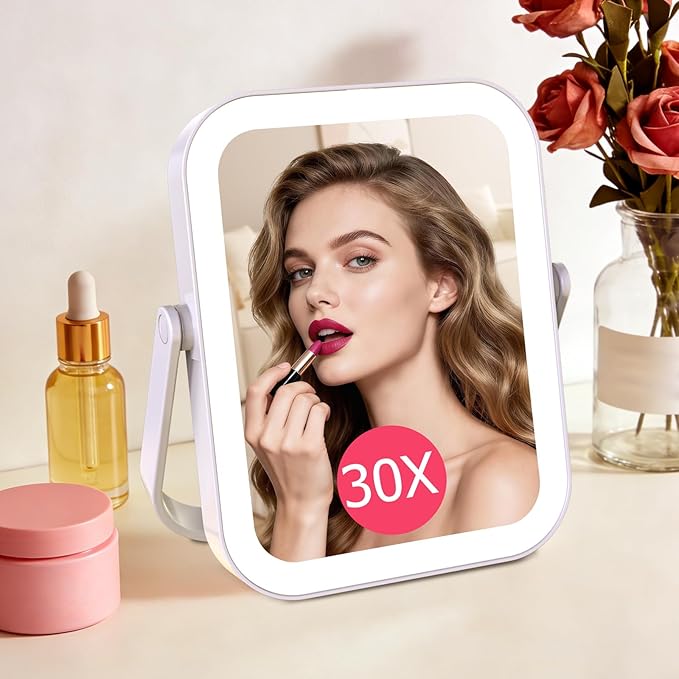FUNTOUCH 30X/1X Travel Makeup Mirror with Lights, 3000mAh Rechargeable 2-Sided Magnifying Mirror, Portable Vanity Mirror, 3-Color Lighting Dimmable Touch Screen, for Women Gift, White