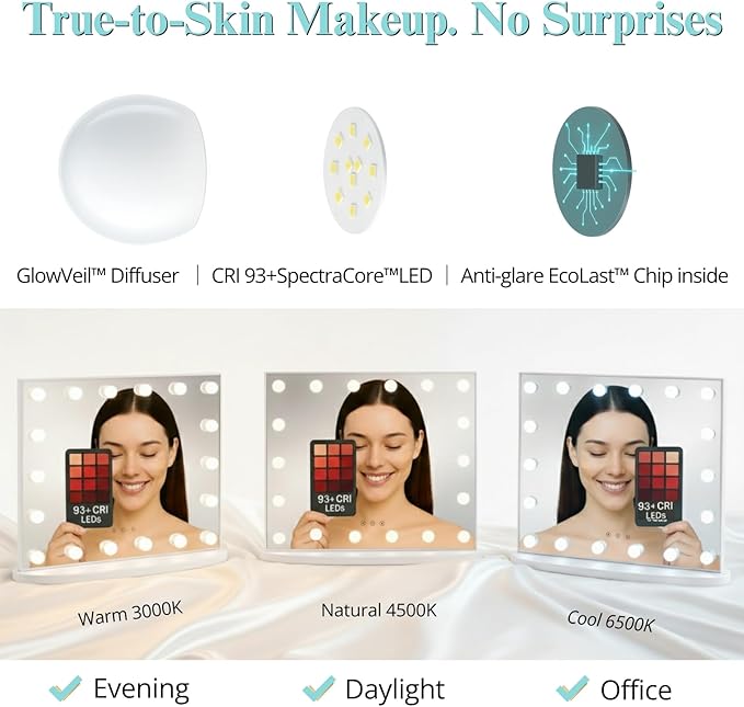 LUXFURNI Vanity Mirror with Lights, 23.6" x 20.5" Hollywood Mirror, Light Up Makeup Mirror with 18 LED Bulbs for Bedroom Desk, 3 Color Lighting Modes, Tabletop & Wall Mount, USB Charging Port