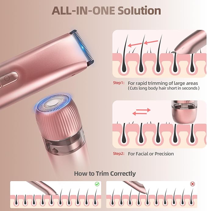 Bikini Trimmer for Women, 2 in 1 Electric Razors for Women, Bikini Shaver with Dual Heads, Body and Facial Hair Removal, IPX7 Waterproof Wet & Dry Use, for Face Chin Pubic Underarm Legs