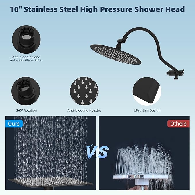 Hibbent All Metal CUPC Certified Shower Head, 10'' High Pressure Rainfall Shower Head, Handheld Showerhead Combo with 12'' Adjustable Extension Arm, 10-Spray, 71'' Hose, Shower Holder, Matte Black