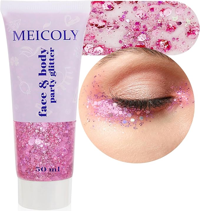 MEICOLY Pink Face Body Glitter,Holographic Sparkly Hair Glitter,Pink Accessories for Spirit Week,Singer Concerts Lover Heart Halloween Glitter Makeup,Self-Adhesive Mermaid Glitter Face Paint