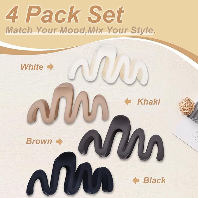 4PCS Large Hair Clips, 4.5" Non-Slip Hair Claws for Women, Matte Claw Clips for Thick Hair&Thin Hair, Hair Styling Accessories（Black & Light Coffee & Blue & White）
