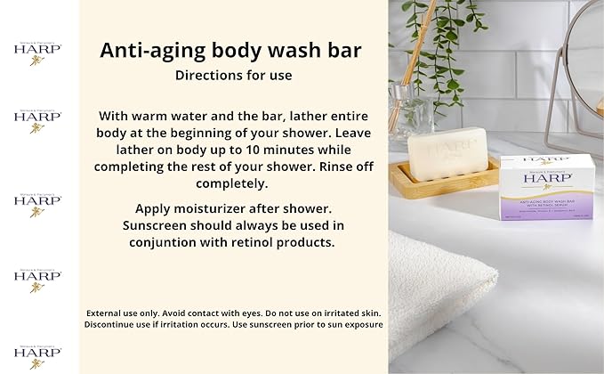 HARP® Anti-Aging Body Wash Bar with Retinol – pH Balanced Syndet Cleanser, Fragrance Free, Soap-Free & No Lye, Non-Comedogenic, With Niacinamide, Hyaluronic Acid & Vitamin E, 3-5oz Bars.