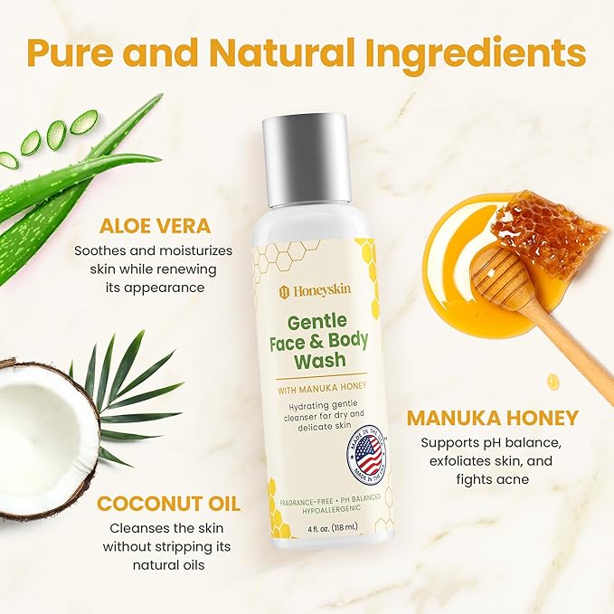 Honeyskin Face and Body Wash Moisturizer for Acne and Sensitive Skin Body Wash with Manuka Honey - Hydrating Facial Cleanser for Dry and Sensitive Skin and Anti-Aging Skincare for Men and Women (4oz)