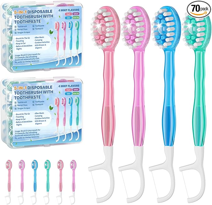 5-in-1 Disposable Toothbrush with Toothpaste (70 Pack), Mini Travel Toothbrushes with Soft Bristles, Dental Floss, Toothpick & Tongue Scraper, No Water Needed, 4 Flavors