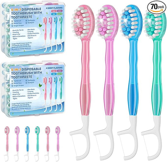 5-in-1 Disposable Toothbrush with Toothpaste (70 Pack), Mini Travel Toothbrushes with Soft Bristles, Dental Floss, Toothpick & Tongue Scraper, No Water Needed, 4 Flavors
