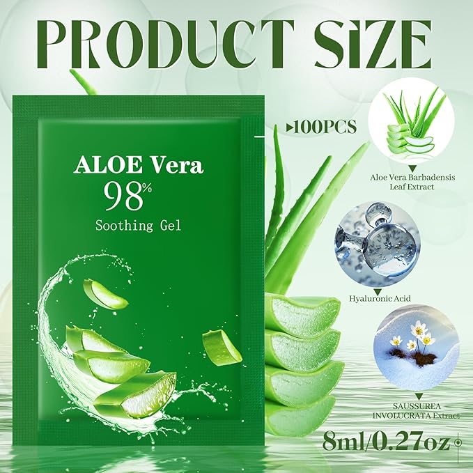 Siifert 100 Pcs Travel Size Aloe Vera Gel 98% Organic After Sun Moisturizer for Face, Body, Soothing Hydrating Lotion Bulk for Winter Vacation, Guests Skin Care Gifts
