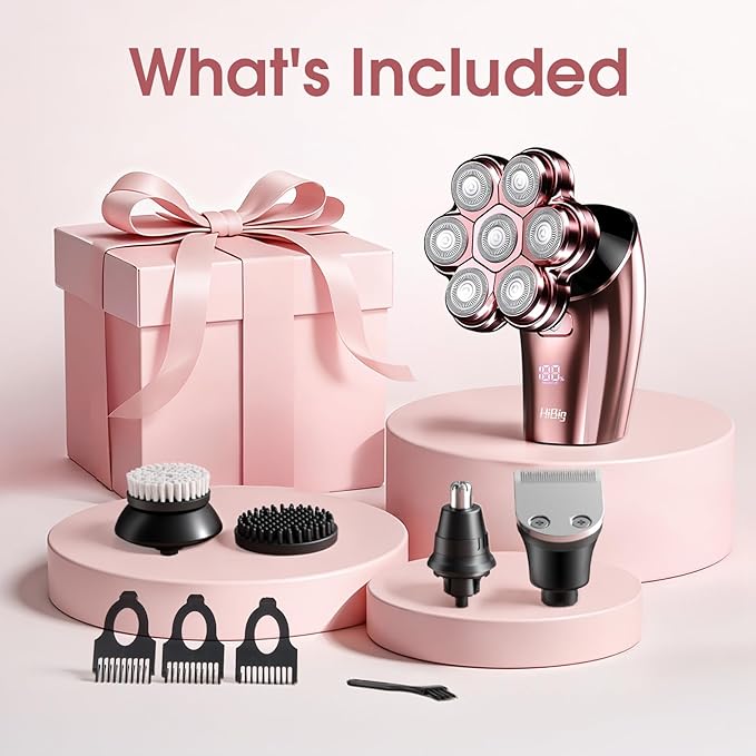Electric Razors for Women Legs : 5-in-1 Rechargeable Body Shaver, 7D Wet & Dry Bikini Trimmer, IPX7 Waterproof Lady Hair Remover for Face Underarms Pubic, Rose Pink