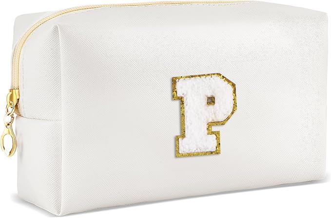 URSKYTOUS Gifts for Girls Initial Makeup Bag Personalized Cosmetic Bag with Zipper Cute Travel Toiletry Bags Waterproof PU Preppy Makeup Pouch Birthday Gift for Teen Girls Women(White P)