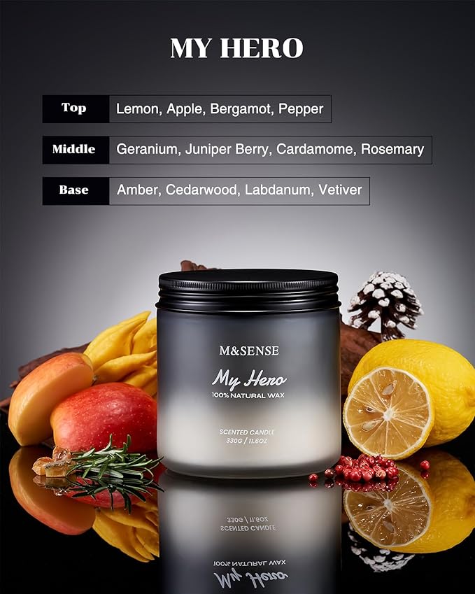 M&SENSE Cedarwood Pepper Men Scented Candles for Holiday, 11.6oz 2 Wick Large Natural Soy Wax 70 Hours Long Lasting, Black Masculine Candles Home Fragrance Holiday Gift for Him