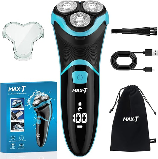 MAX-T Electric Razor for Men with Pop-Up Trimmer, IPX7 Waterproof Electric Shaver, 3D Rotary Shaver, Rechargeable Cordless Shavers for Men, Type-C, 120Mins Runtime, Plug & Play