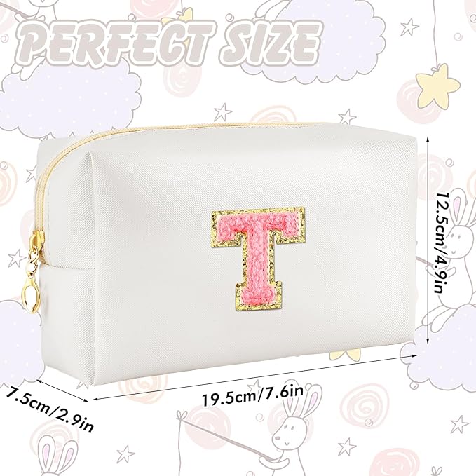 URSKYTOUS Initial Makeup Bag Personalized Preppy Travel Small Cosmetic Bag Cute PU White Chenille Letter Makeup Pouch for Purse Waterproof Zippered Toiletry Organizer for Women Girls Kids Friends (T)