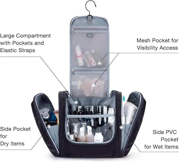 BAGSMART Extra Large Toiletry Bag Hanging Toiletry Bag for Travel, Water-resistant Cosmetic Makeup Travel Bag, Capacity Travel Bag Organizer for Full-size Toiletries, Black-Large