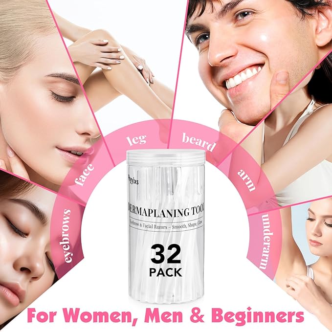 32 Count Face Razors for Women – Dermaplane Razors & Eyebrow Razor Set, 24 Long + 8 Short Precision Blades, Facial Razor for Peach Fuzz, Hair Removal & Gentle Exfoliation (Clear)