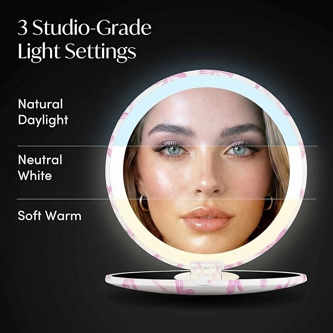 Fancii Taylor LED Lighted Travel Makeup Mirror, Rechargeable, 10x /1x Magnifying, Tru-Glow Lighting System, XL Large 5” Wide | Compact Mirror for Purses (Rosette Ribbon)