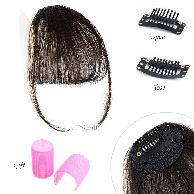 Clip-In Wispy Bangs with Temples -100% Human Hair Bangs Extension for Women, Natural Looking Front Hairpiece for Daily Wear, Dark Brown