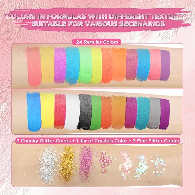 Face Painting Kit DIY Body Art Set - 24 Colors With Stencils Brushes and Hair Chalk - Professional Body Makeup Kit for Parties Birthdays Halloween